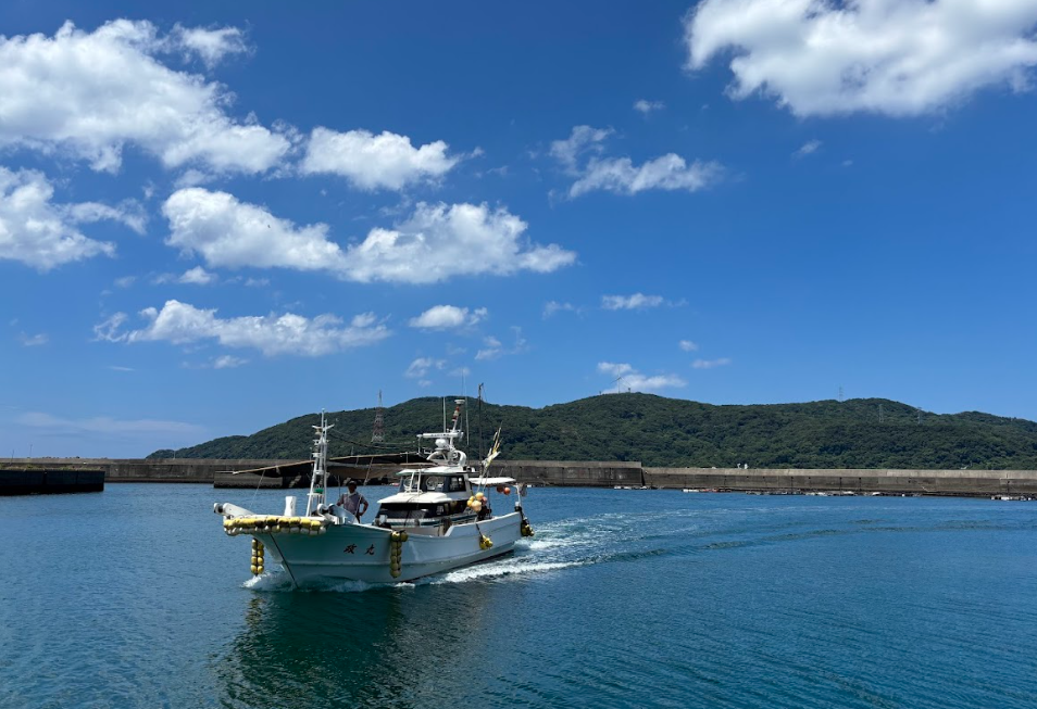 大瀬戸町漁港、タコ漁船が入ってくる様子、晴れた空と青い海